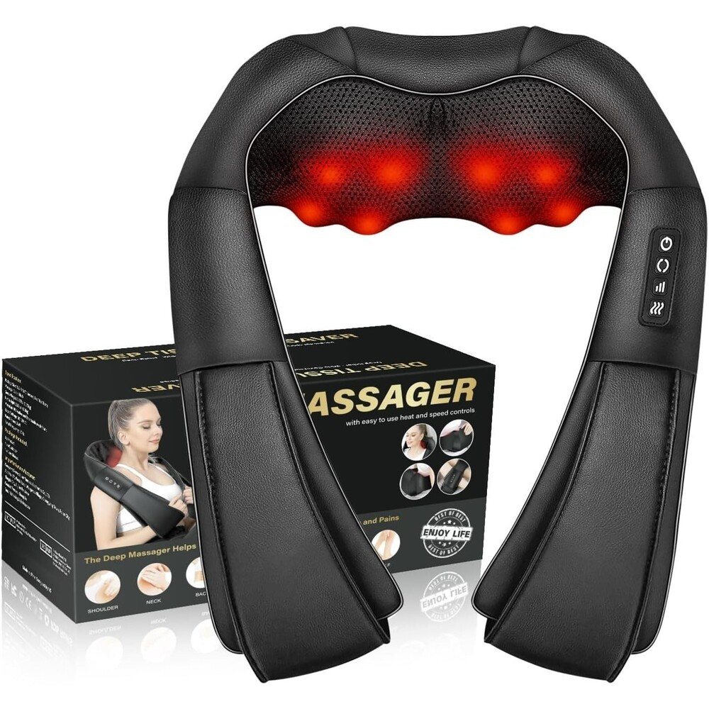 WERTYI Neck Back Massager Heated Deep Tissue Black 3D Kneading Shoulder Pillow